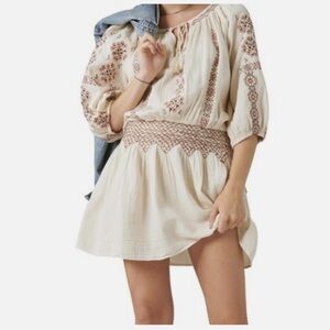 NWT Lucky Brand Embroidered Cream and Brown Boho Dress. Size XS